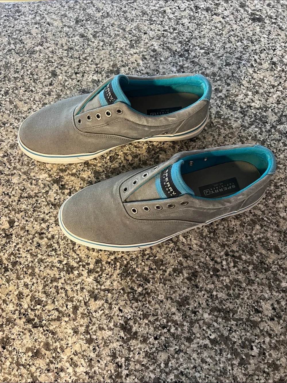 Sperry Gray Canvas Slip-On Boat Shoes with Teal Lining
